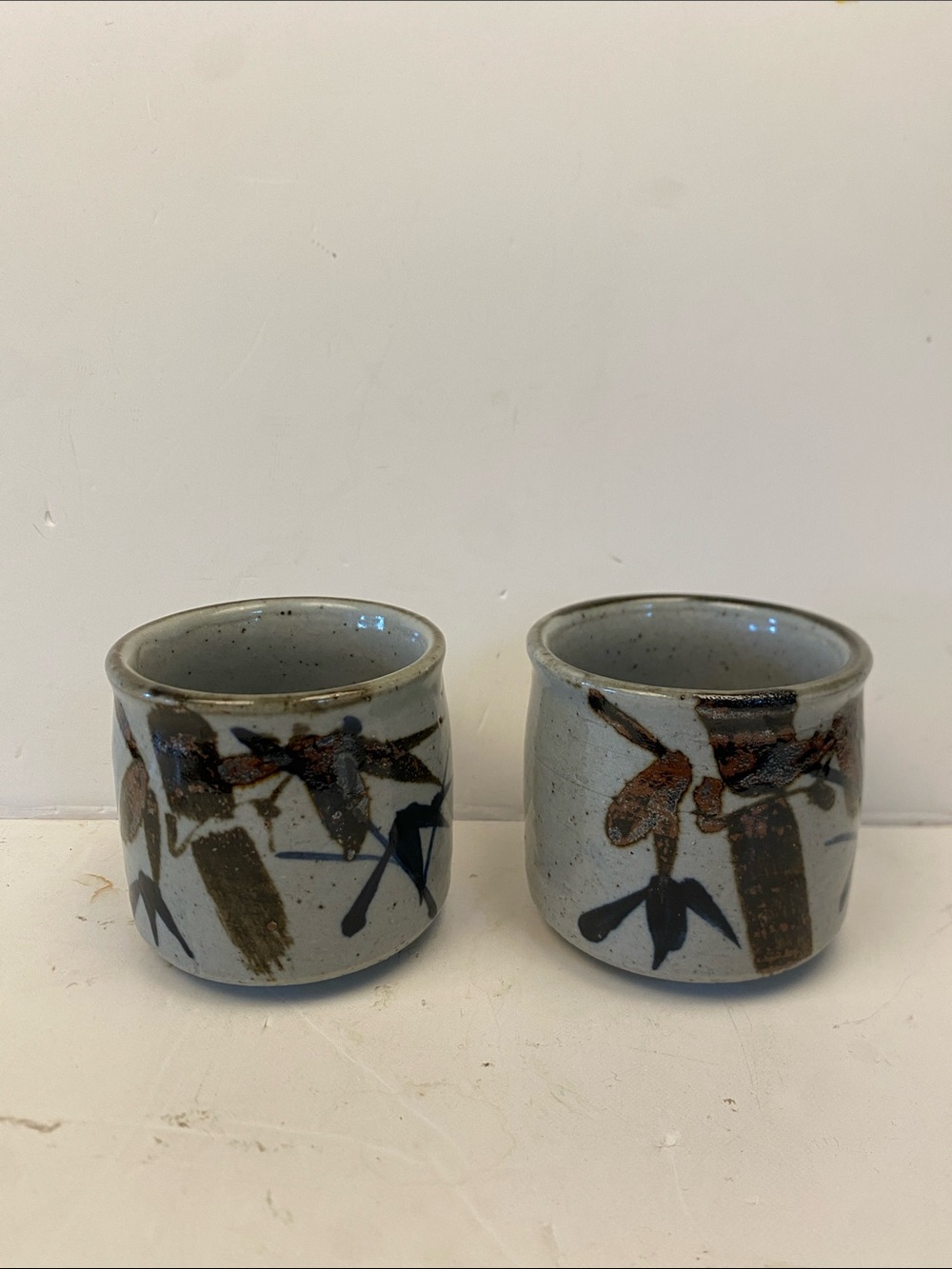 Hand-Painted Ceramic Sake Cups in Speckled Gray with Brown & Black Motif
